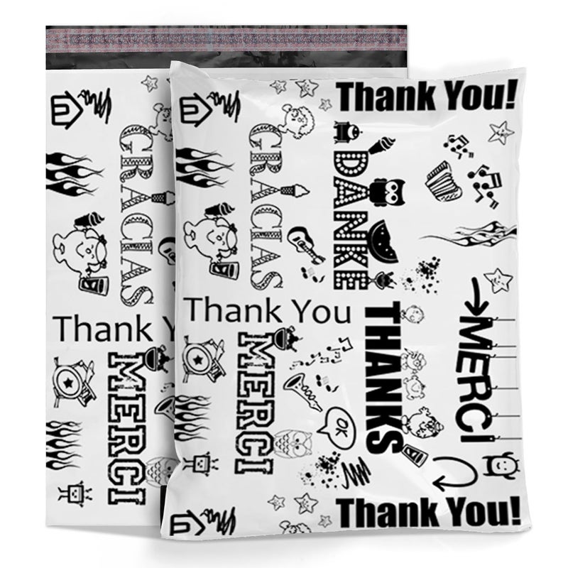 Shop4Mailers 12 x 15.5 Glossy Decorative Thank You Plastic Poly Mailer Bags Waterproof Shipping Mailing Envelope 2 Mil â€“ Permanent Adhesive Seal (100 Pack, Multi-Language) - Image 1